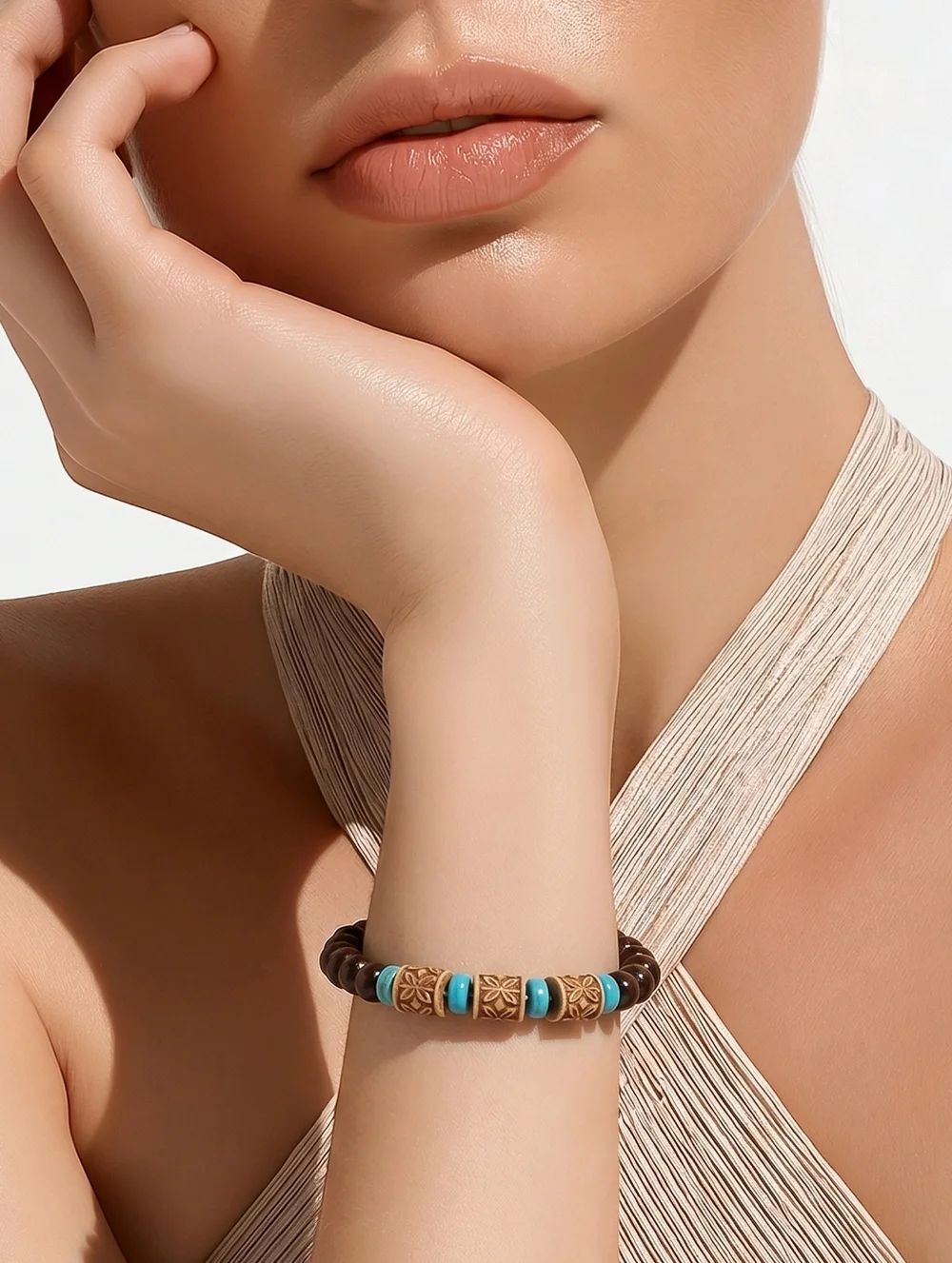 Boho Turquoise Beaded Bracelet Wood Stretch Stack Earthy Minimalist Cowgirl Chic
